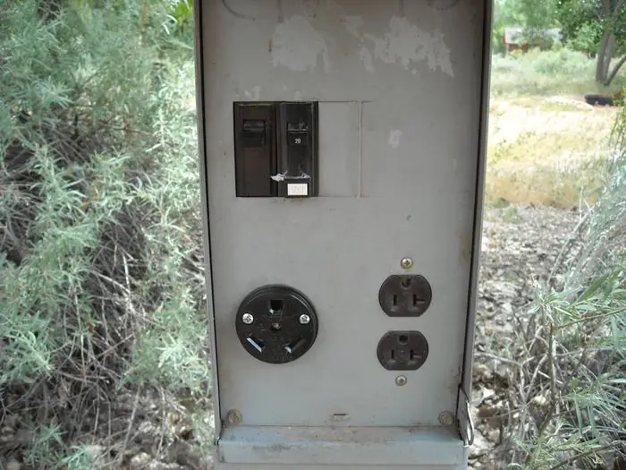 Campground power pedestal with breakers, a 30 amp RV outlet and two standard outlets